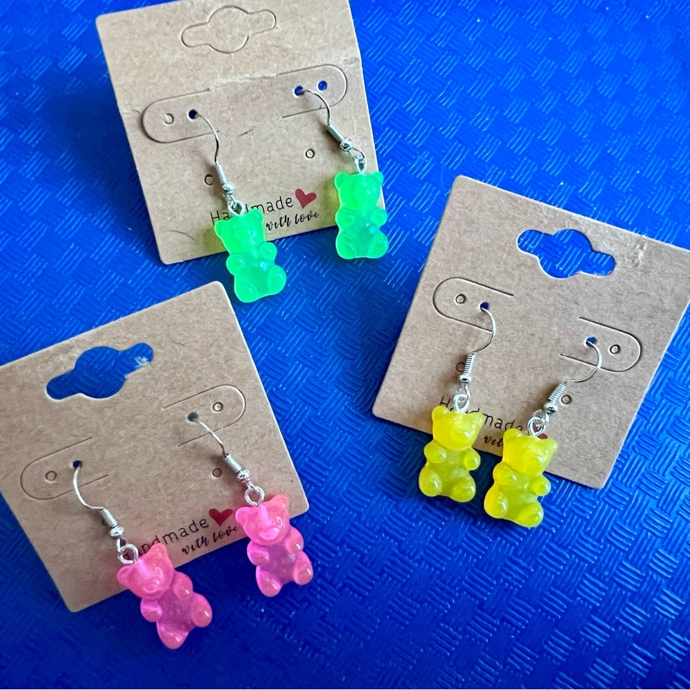 HAND CRAFTED Gummy Bear EARRINGS NWT PICK 1 Pink Green Yellow Available